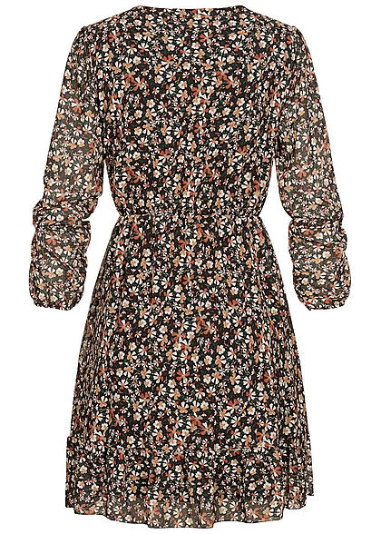 Styleboom Fashion Dames V Hals Chiffon Jurk Bloemenpatroon Omslaglook Zwart Mc