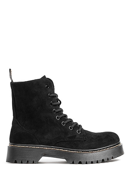 Seventyseven Lifestyle Damen Schuh Workerboots Velouroptik Schnürstiefel schwarz