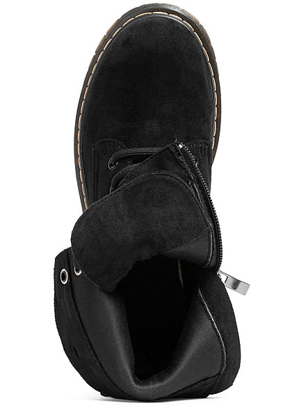 Seventyseven Lifestyle Damen Schuh Workerboots Velouroptik Schnürstiefel schwarz