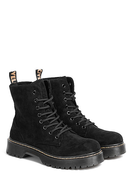 Seventyseven Lifestyle Damen Schuh Workerboots Velouroptik Schnürstiefel schwarz