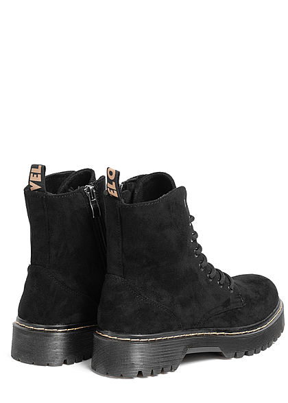 Seventyseven Lifestyle Damen Schuh Workerboots Velouroptik Schnürstiefel schwarz