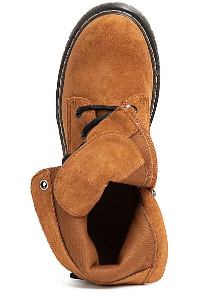 Seventyseven Lifestyle Damen Schuh Workerboots Velouroptik Schnürstiefel camel braun