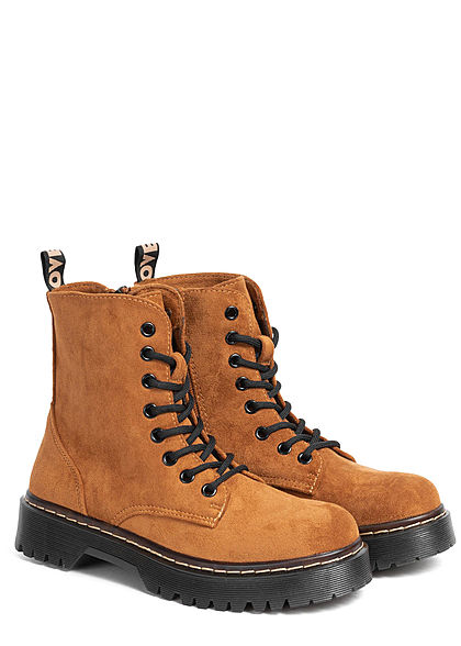Seventyseven Lifestyle Damen Schuh Workerboots Velouroptik Schnürstiefel camel braun