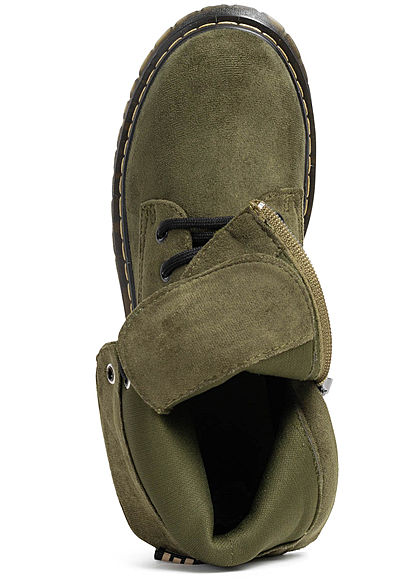 Seventyseven Lifestyle Damen Schuh Workerboots Velouroptik Schnürstiefel oliv grün