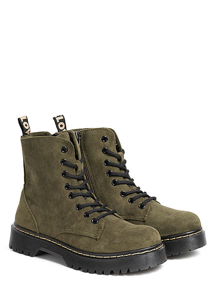 Seventyseven Lifestyle Damen Schuh Workerboots Velouroptik Schnürstiefel oliv grün