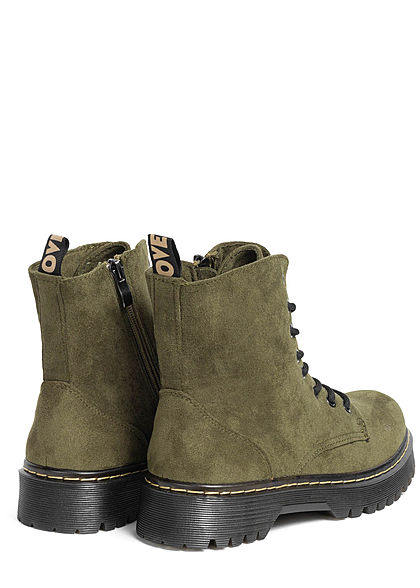 Seventyseven Lifestyle Damen Schuh Workerboots Velouroptik Schnürstiefel oliv grün
