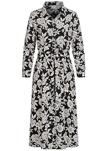 JDY by ONLY Damen Midi Longform Kleid Rosen Print inkl Bindegürtel schwarz weiss