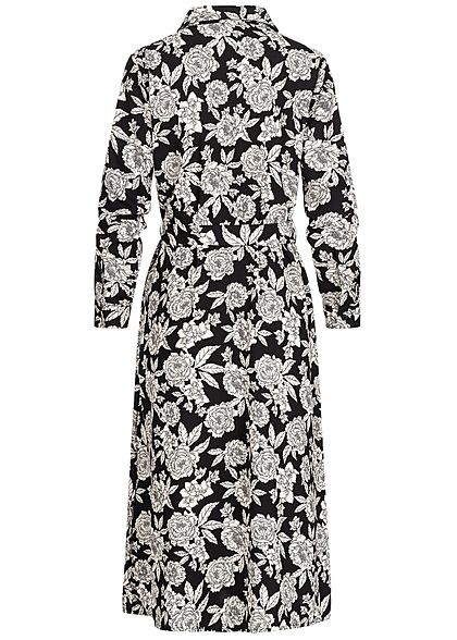 JDY by ONLY Damen Midi Longform Kleid Rosen Print inkl Bindegürtel schwarz weiss