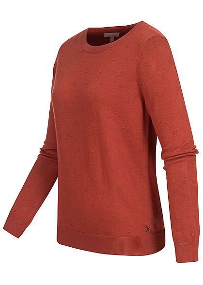 Tom Tailor Damen gepunkteter Strickpullover Sweater mit Rippbndchen rost braun