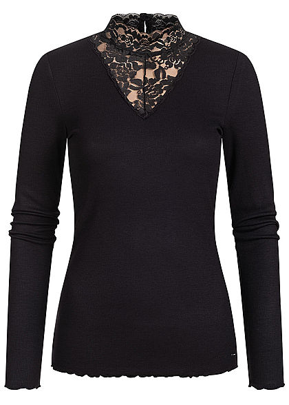 Tom Tailor Damen Ribbed Choker Spitzen Longsleeve Pullover Frilldetails am Saum schwarz