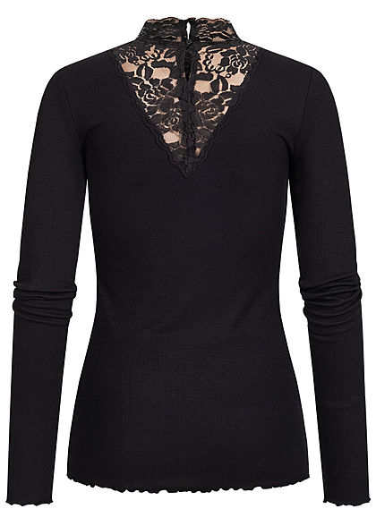 Tom Tailor Damen Ribbed Choker Spitzen Longsleeve Pullover Frilldetails am Saum schwarz