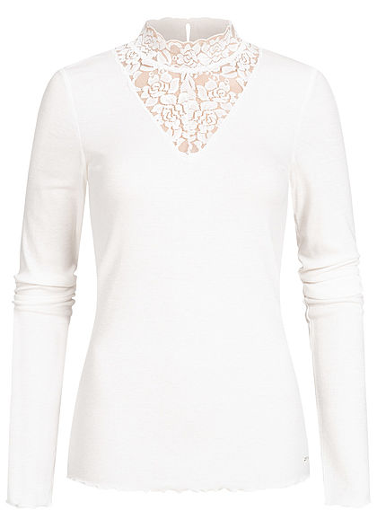 Tom Tailor Damen Ribbed Choker Spitzen Longsleeve Pullover Frilldetails am Saum off weiss