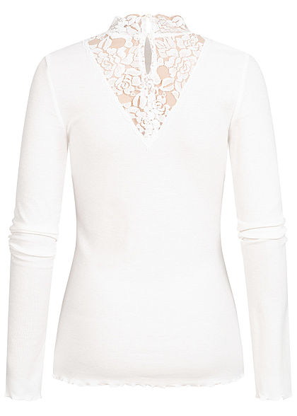 Tom Tailor Damen Ribbed Choker Spitzen Longsleeve Pullover Frilldetails am Saum off weiss