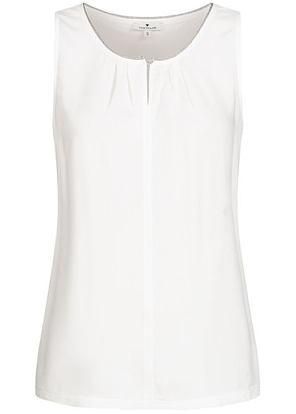 Tom Tailor Damen Blusen Top mit Lurex Saumkante Knopf vorne whisper weiss