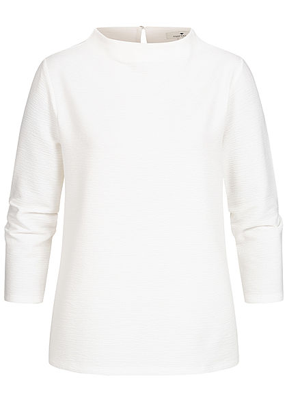 Tom Tailor Damen 3/4 Arm High-Neck Struktur Blusen Shirt Jacquard Muster weiss