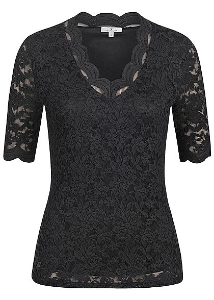 Tom Tailor Damen 1/2 Arm V-Neck Spitzen T-Shirt 2-lagig tief schwarz