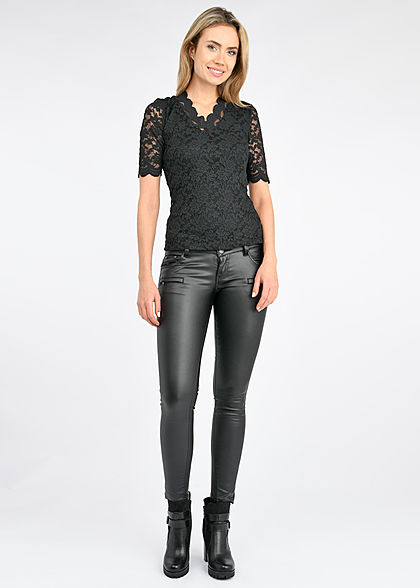 Tom Tailor Damen 1/2 Arm V-Neck Spitzen T-Shirt 2-lagig tief schwarz