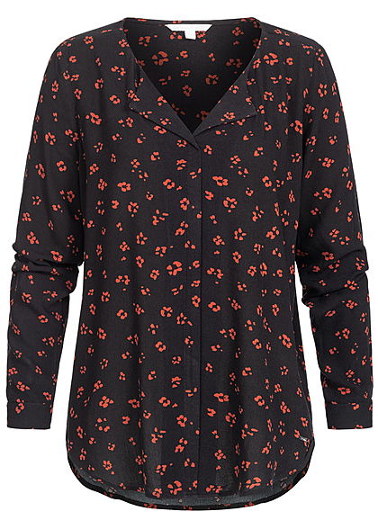 Tom Tailor Damen V-Neck Langarm Bluse Blumen Print Vokuhila schwarz rot