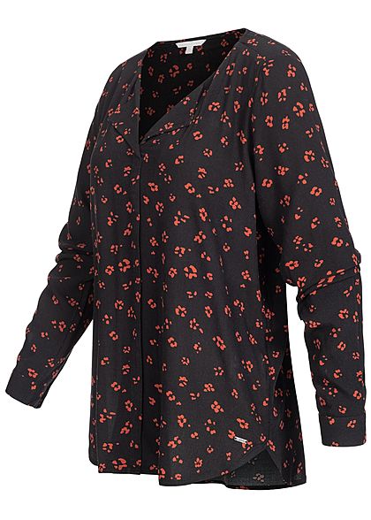 Tom Tailor Damen V-Neck Langarm Bluse Blumen Print Vokuhila schwarz rot