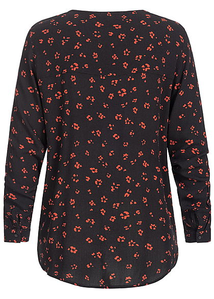 Tom Tailor Damen V-Neck Langarm Bluse Blumen Print Vokuhila schwarz rot