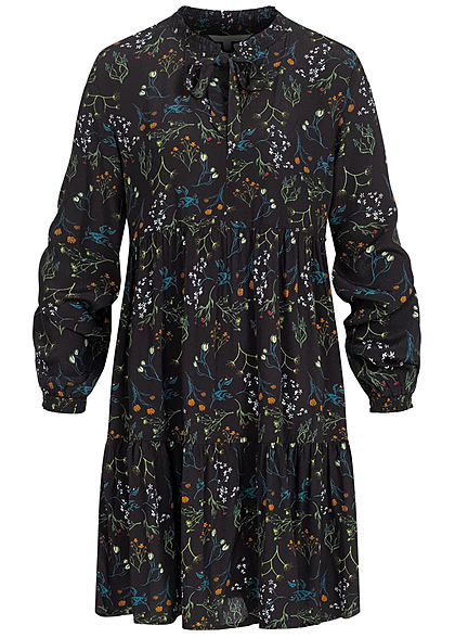 Tom Tailor Damen Oversized Krepp Kleid mit Schleife Floraler Print schwarz multic.