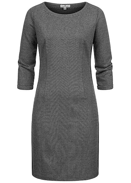 Tom Tailor Damen 3/4 Arm Etuikleid Jaquard Fischgräten Muster dunkel grau schwarz