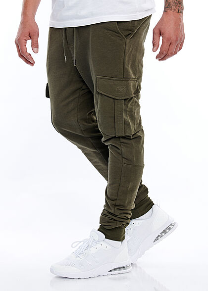 Brave Soul Herren Cargo Sweat Pants Jogginghose 4-Pockets breiter Bund unicolor khaki
