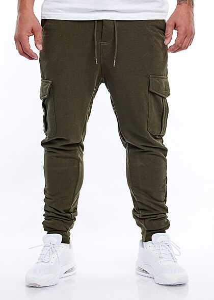 Brave Soul Herren Cargo Sweat Pants Jogginghose 4-Pockets breiter Bund unicolor khaki