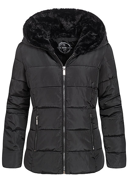 Hailys Damen Winter Steppjacke Kapuze mit Kunstfell gefüttert 2-Pockets schwarz