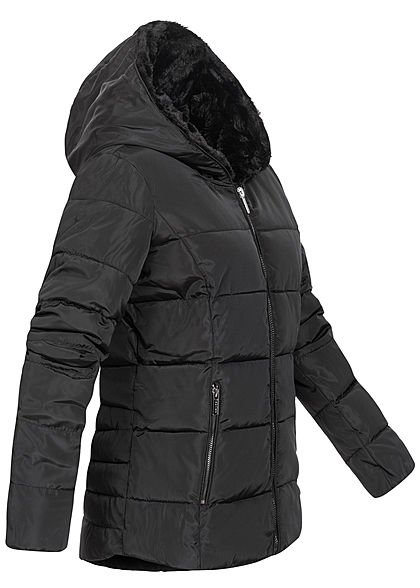 Hailys Damen Winter Steppjacke Kapuze mit Kunstfell gefüttert 2-Pockets schwarz
