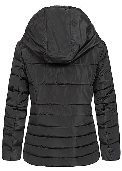 Hailys Damen Winter Steppjacke Kapuze mit Kunstfell gefüttert 2-Pockets schwarz