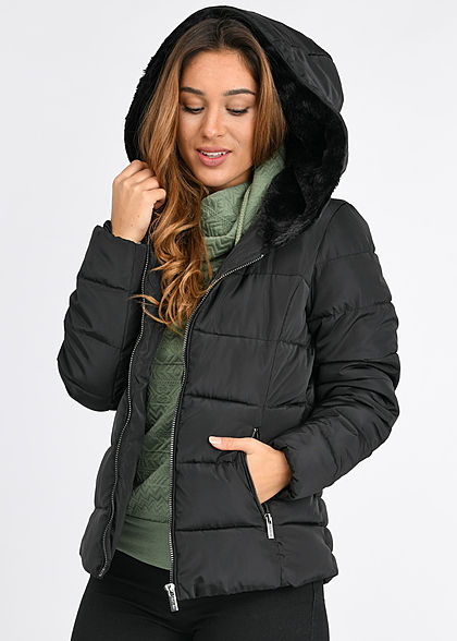 Hailys Damen Winter Steppjacke Kapuze mit Kunstfell gefüttert 2-Pockets schwarz