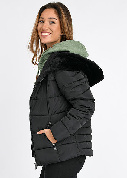 Hailys Damen Winter Steppjacke Kapuze mit Kunstfell gefüttert 2-Pockets schwarz