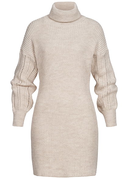 Hailys Damen Mini Rollkragen Strickkleid mit Pufferärmeln beige