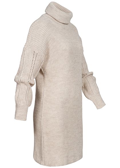 Hailys Damen Mini Rollkragen Strickkleid mit Pufferärmeln beige