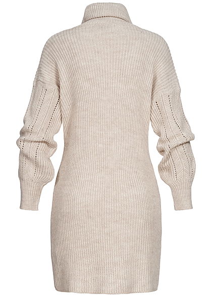 Hailys Damen Mini Rollkragen Strickkleid mit Pufferärmeln beige