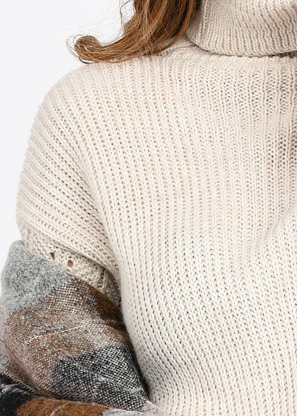 Hailys Damen Mini Rollkragen Strickkleid mit Pufferärmeln beige