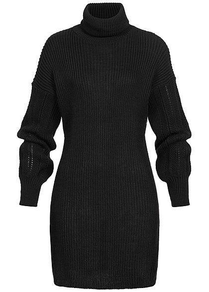 Hailys Damen Mini Rollkragen Strickkleid mit Pufferärmeln schwarz