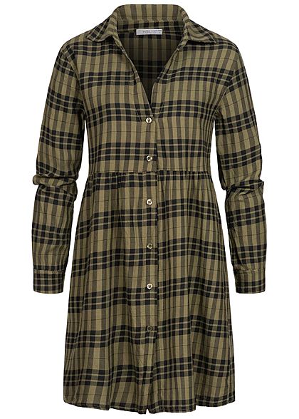 Hailys Damen V-Neck Puffer Kleid Knopfleiste Karo Muster khaki grün schwarz