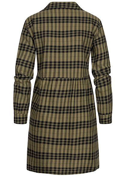 Hailys Damen V-Neck Puffer Kleid Knopfleiste Karo Muster khaki grün schwarz