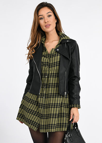 Hailys Damen V-Neck Puffer Kleid Knopfleiste Karo Muster khaki grün schwarz