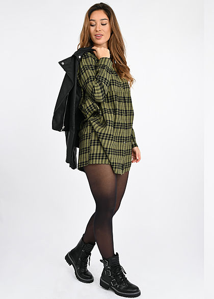 Hailys Damen V-Neck Puffer Kleid Knopfleiste Karo Muster khaki grün schwarz