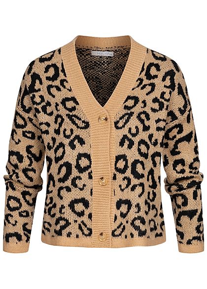 Hailys Damen kurze Strickjacke V-Neck Cardigan Leo Muster beige braun schwarz