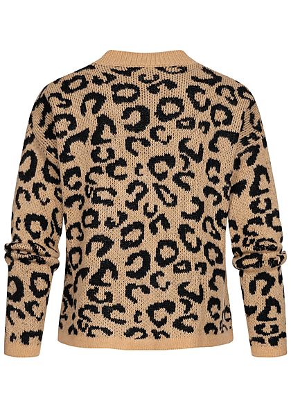 Hailys Damen kurze Strickjacke V-Neck Cardigan Leo Muster beige braun schwarz