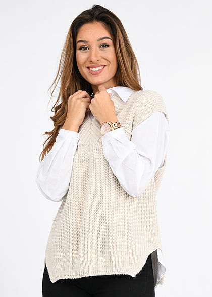 Hailys Damen Oversized V-Neck Strick Pullunder Vokuhila beige