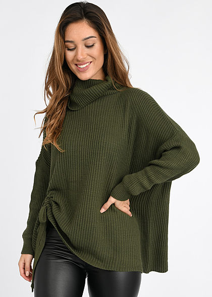 Hailys Damen Oversized Rollkragen Strickpullover mit seitlichem Zugband khaki grün