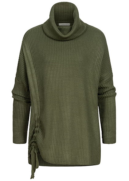 Hailys Damen Oversized Rollkragen Strickpullover mit seitlichem Zugband khaki grün