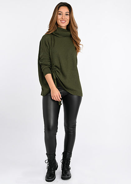 Hailys Damen Oversized Rollkragen Strickpullover mit seitlichem Zugband khaki grün