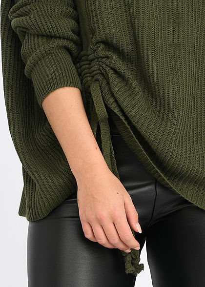 Hailys Damen Oversized Rollkragen Strickpullover mit seitlichem Zugband khaki grün