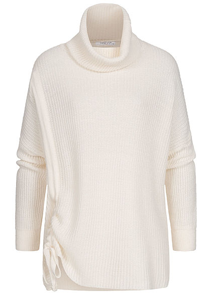 Hailys Damen Oversized Rollkragen Strickpullover mit seitlichem Zugband cream beige